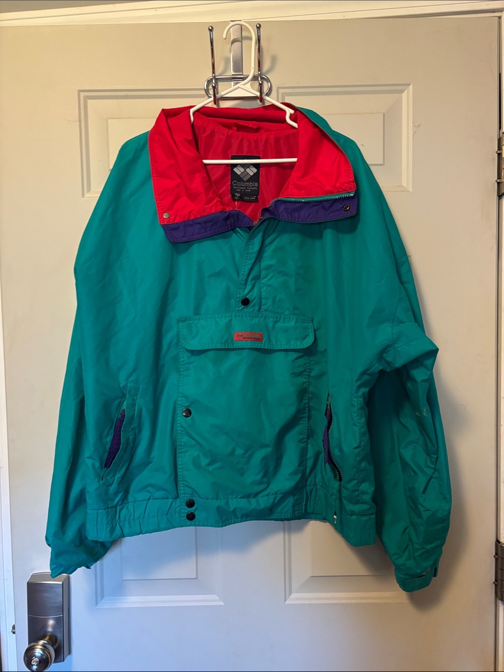 Columbia Teal Windbreaker with Red Collar and Purple Trim